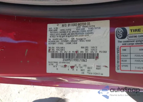 2009 Ford Fusion Se z USA, uszkodzony, nr VIN 3FAHP07199R171863